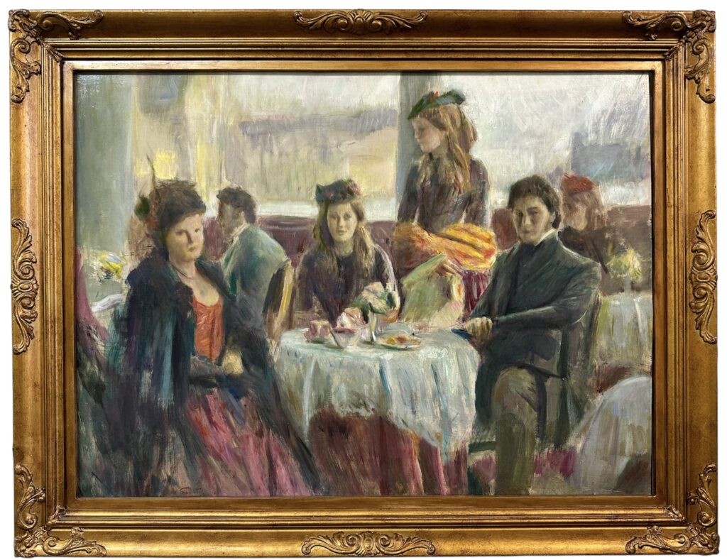 Dipinto olio su tavola, raffigurante scena con diversi personaggi, in un caffè di Parigi. Pittore napoletano G.de Sanctis, fine '800-primi '900. XIX secolo- XX secolo.